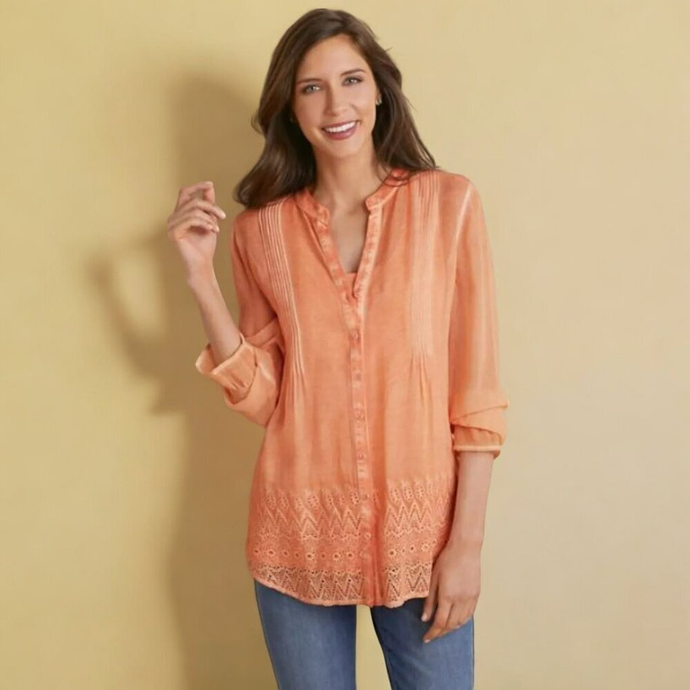 Soft Surroundings Blythe Embroidered Pintuck Eyelet L/S Tunic Top - Apricot - M